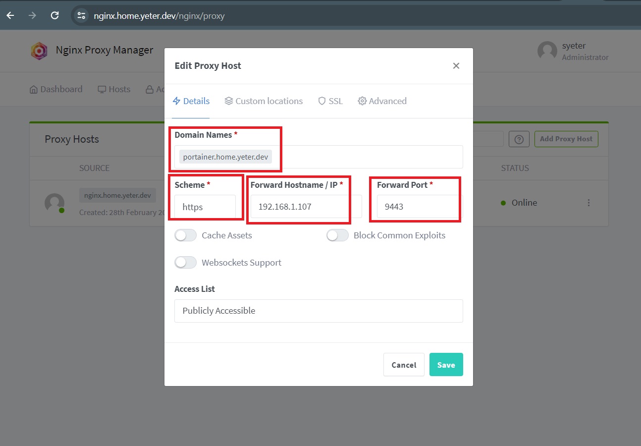 Proxy Host details for portainer