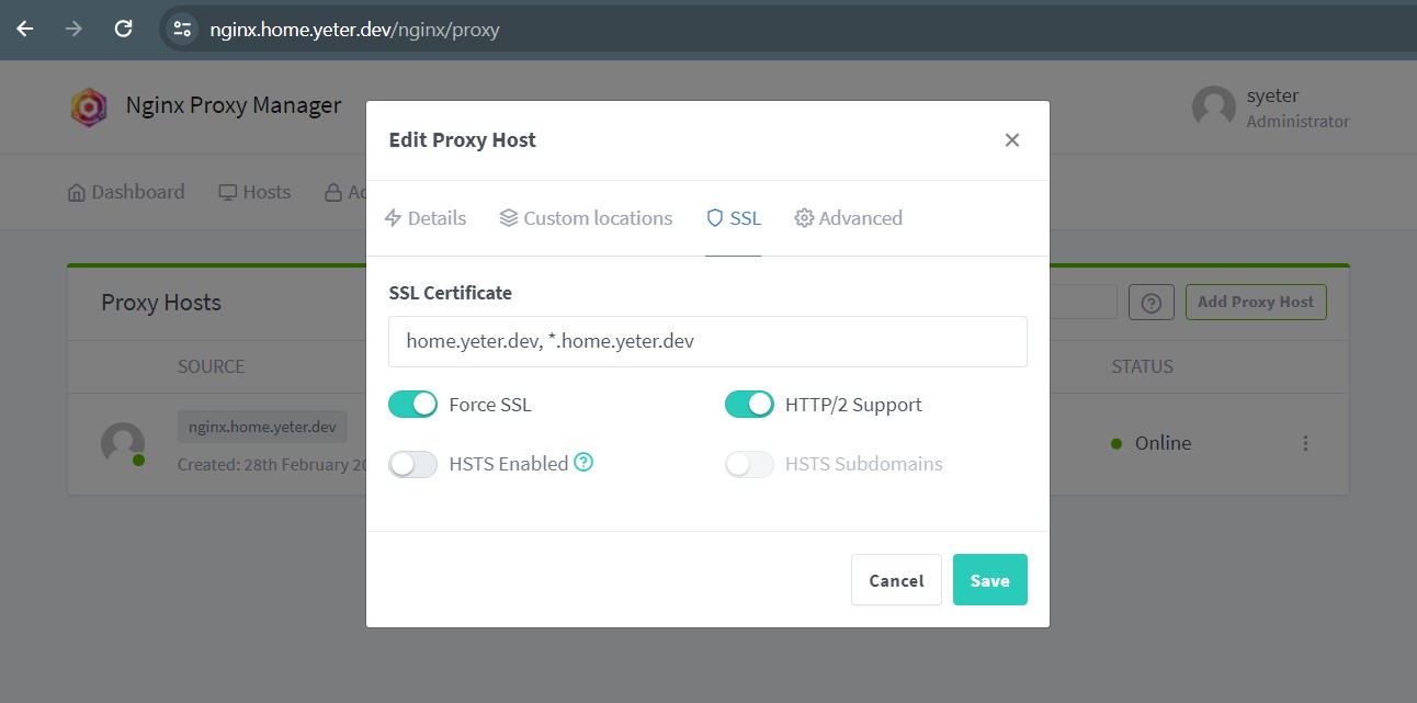 Proxy Host SSL for portainer