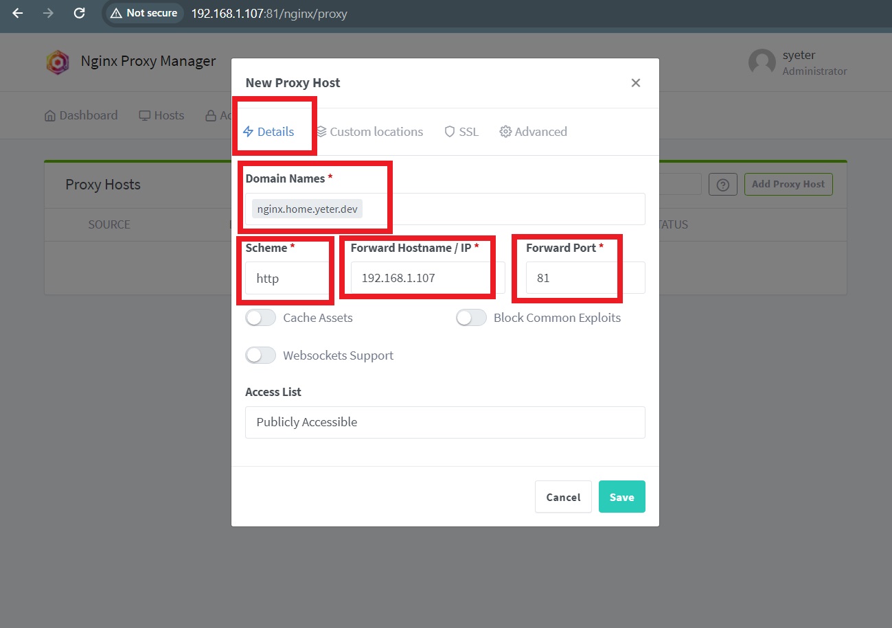 Proxy Host details